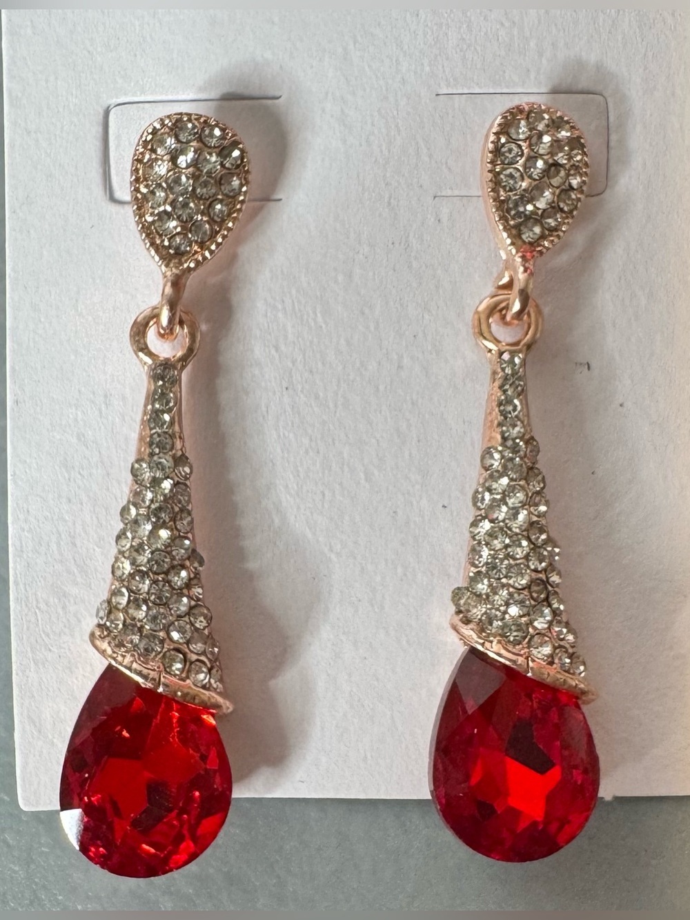 Rose Gold Drop Earrings with Red Teardrop Crystal statement event formal holiday